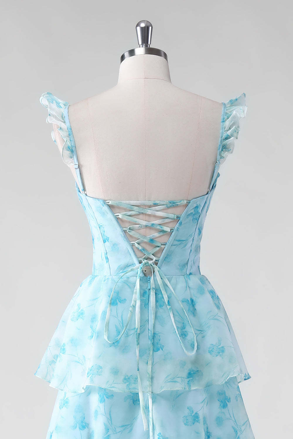 Blue Floral Corset Tiered A-Line Bridesmaid Dress with Slit