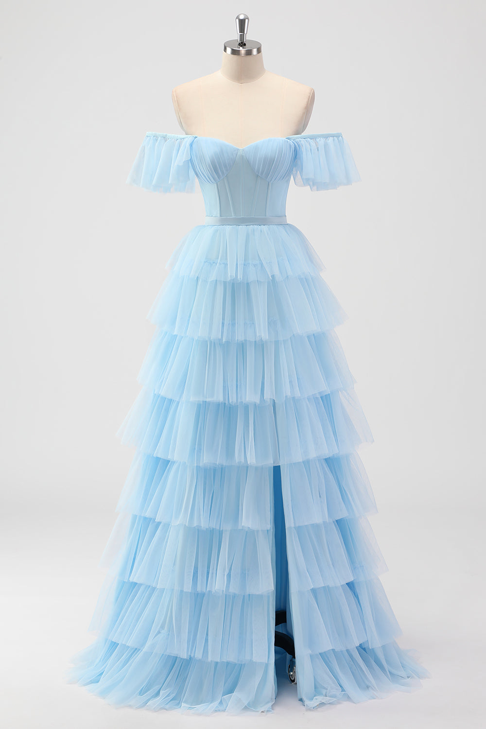 Leely Women Sky Blue Corset Tiered A Line Bridesmaid Dress with Slit Off the Shoulder Long Wedding Guest Dress