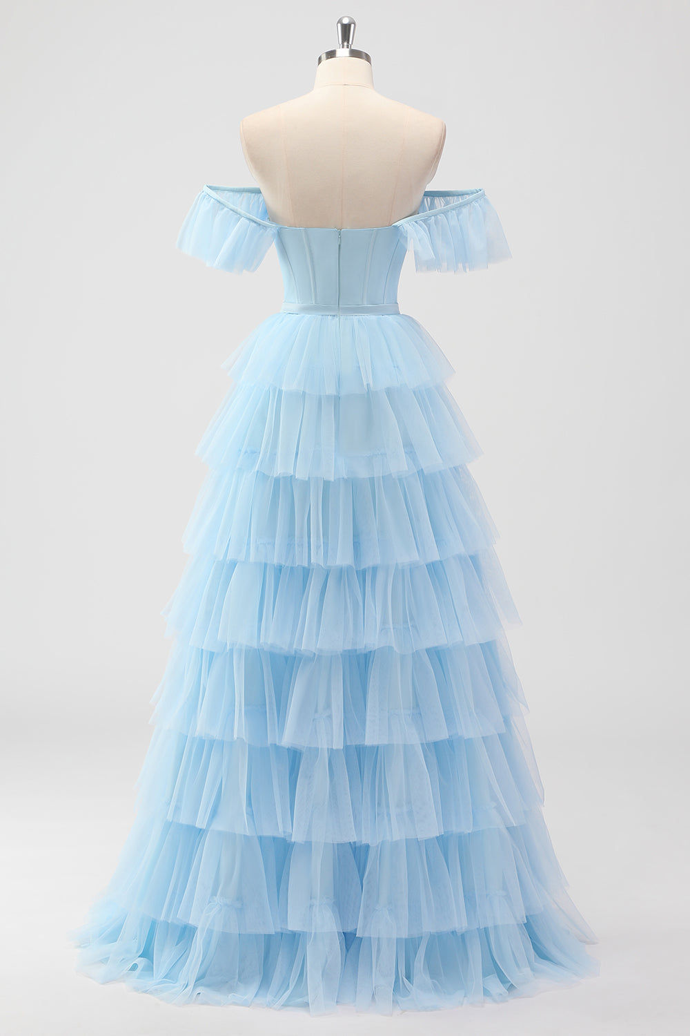 Sky Blue Corset Tiered A Line Bridesmaid Dress with Slit