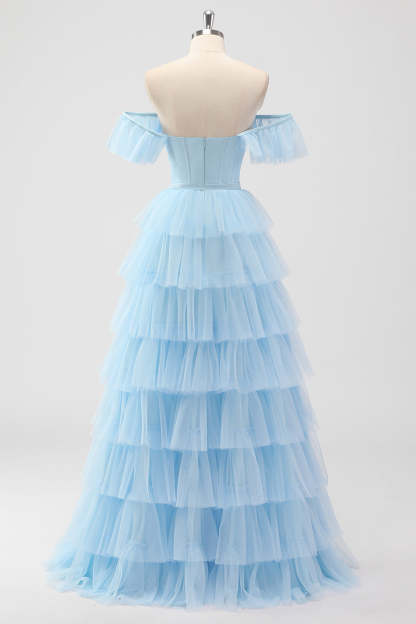 Sky Blue Corset Tiered A Line Bridesmaid Dress with Slit