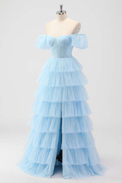 Sky Blue Corset Tiered A Line Bridesmaid Dress with Slit