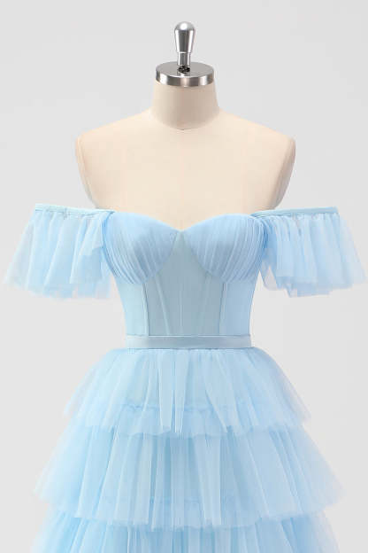 Sky Blue Corset Tiered A Line Bridesmaid Dress with Slit