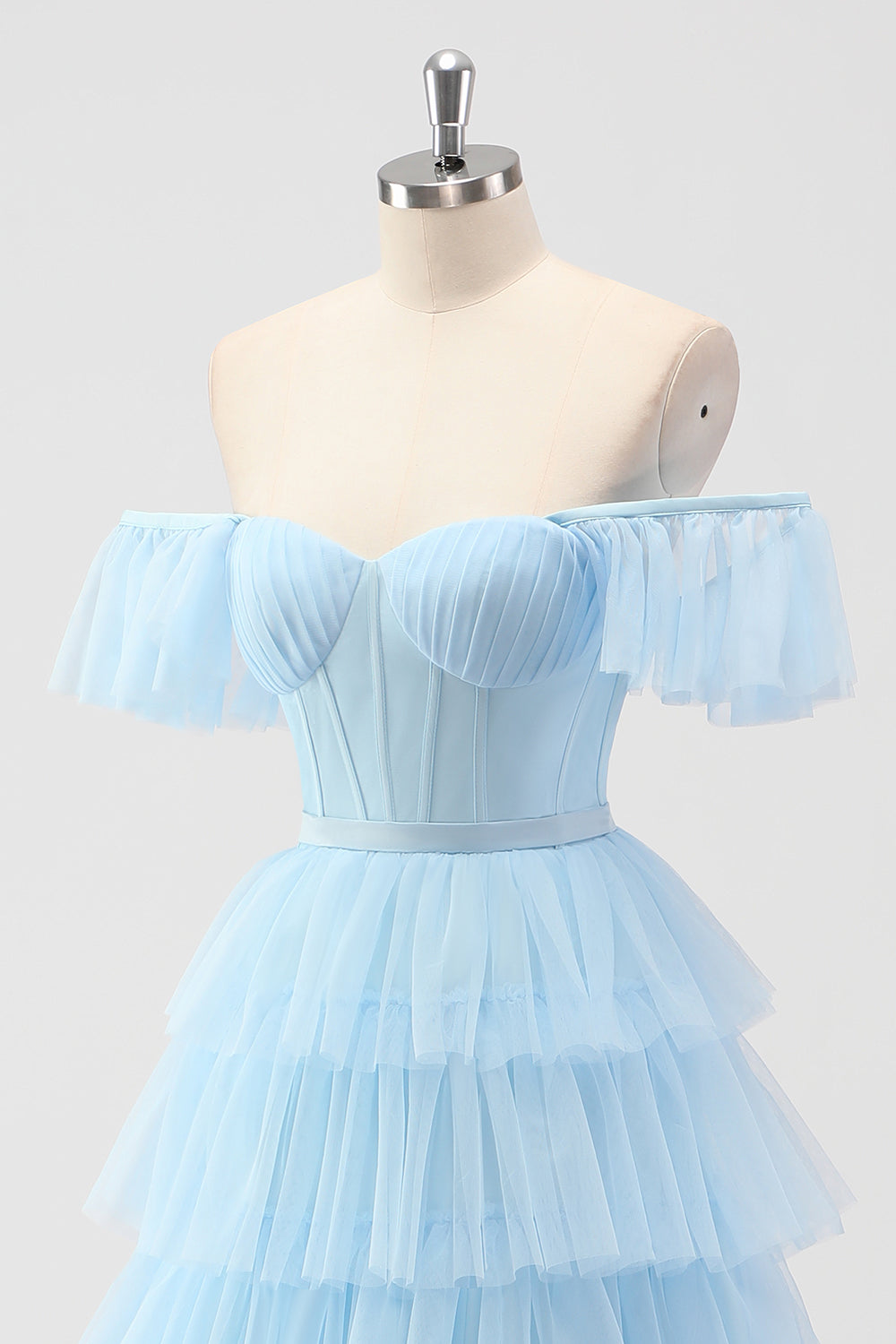Sky Blue Corset Tiered A Line Bridesmaid Dress with Slit