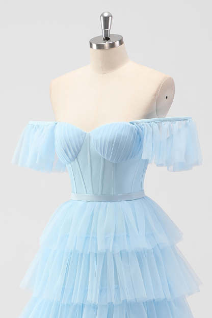 Sky Blue Corset Tiered A Line Bridesmaid Dress with Slit