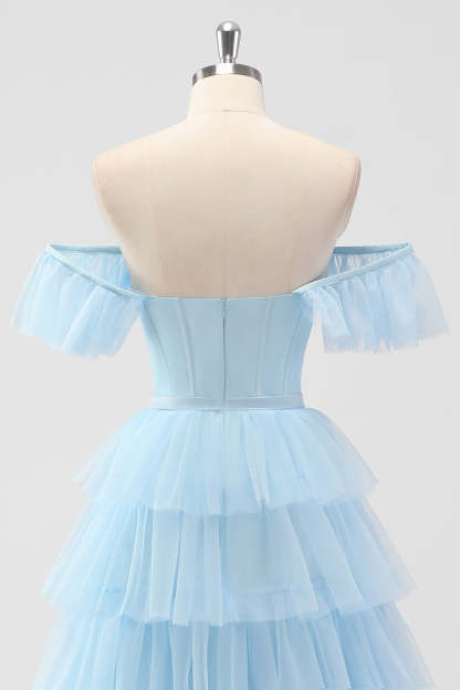 Sky Blue Corset Tiered A Line Bridesmaid Dress with Slit