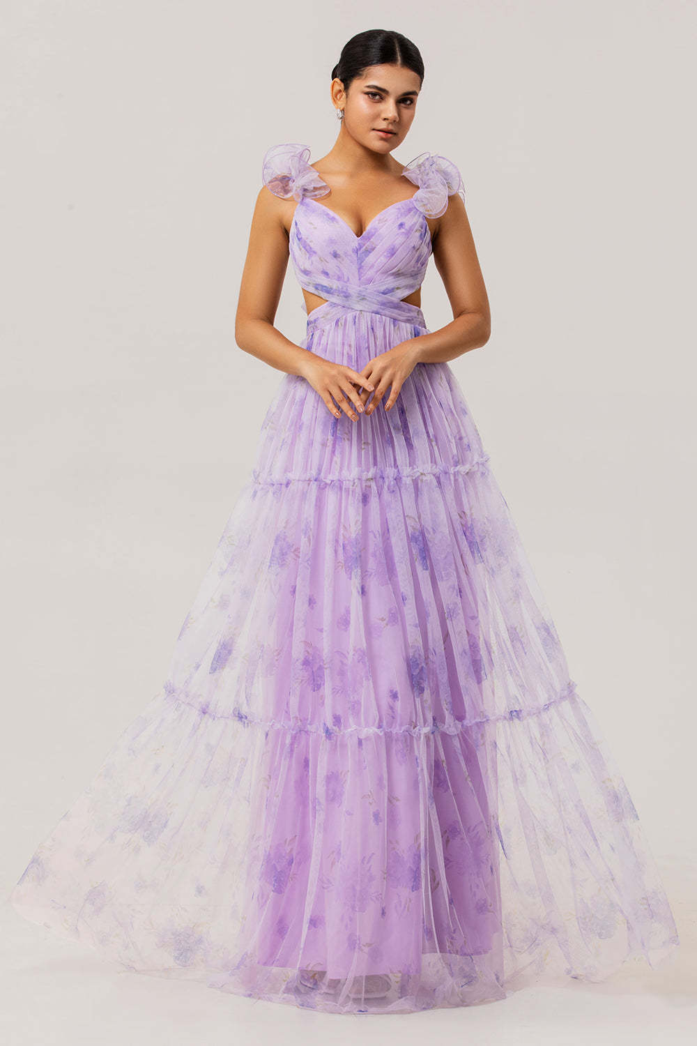 Leely Women Lavender Flower Pleated Long Bridesmaid Dress Floral Cut Out A Line Summer Wedding Guest Dress