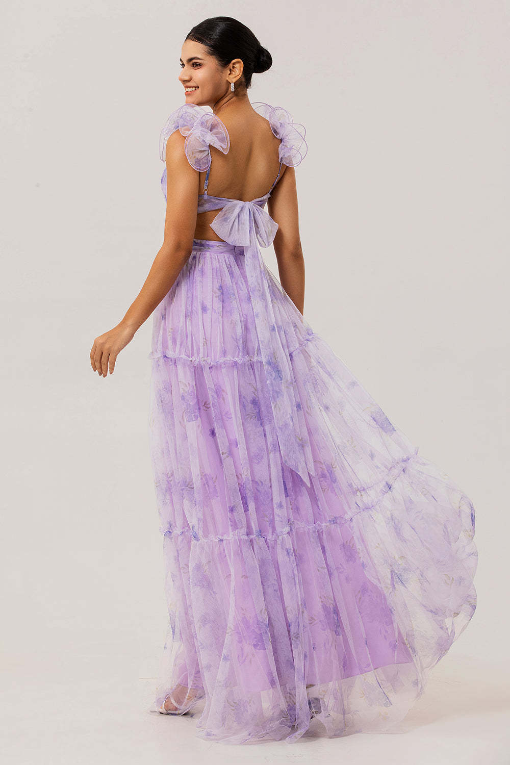 Lavender Flower Pleated Cut Out A Line Long Bridesmaid Dress