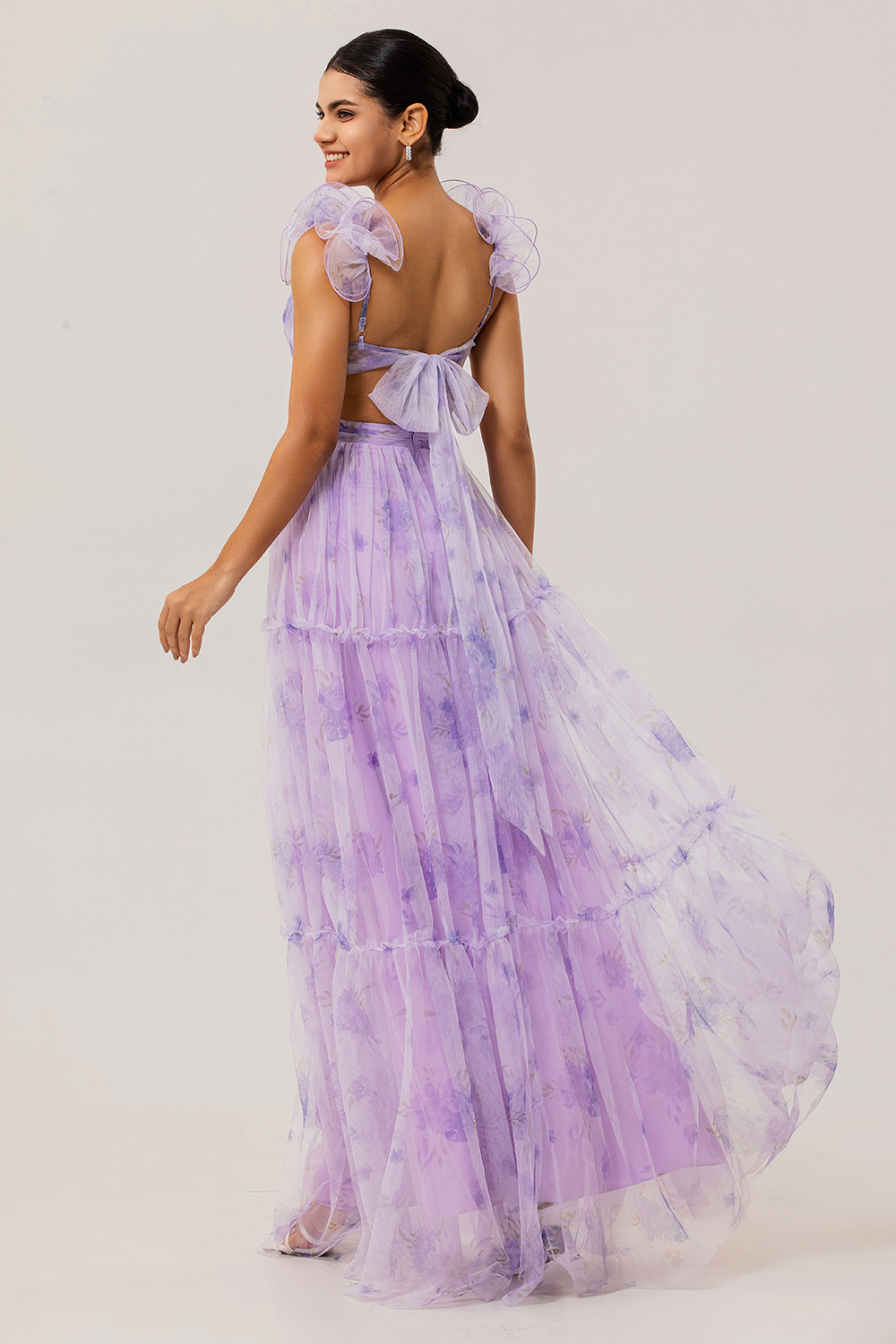 Lavender Cut Out Floral A Line Floor Length Bridesmaid Dress