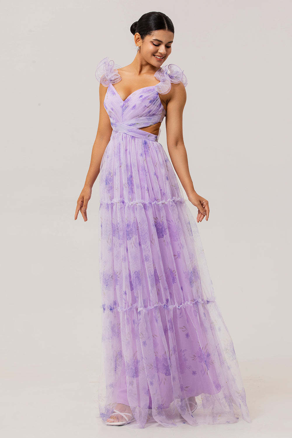 Lavender Flower Pleated Cut Out A Line Long Bridesmaid Dress