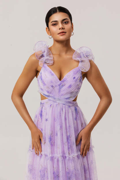 Lavender Flower Pleated Cut Out A Line Long Bridesmaid Dress