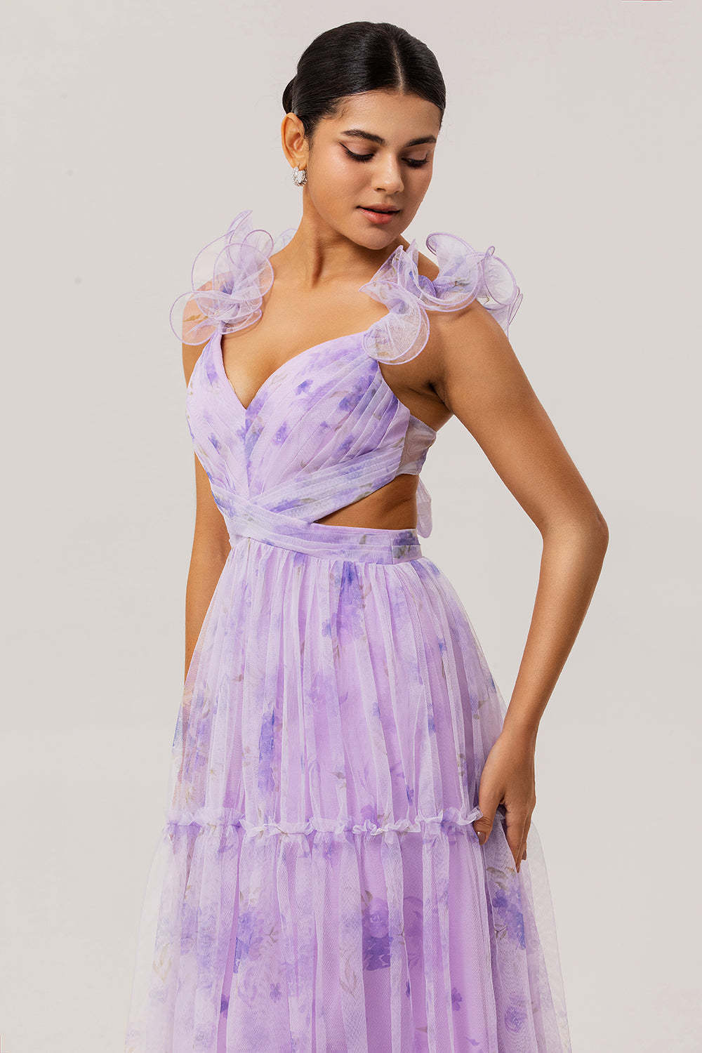 Lavender Flower Pleated Cut Out A Line Long Bridesmaid Dress