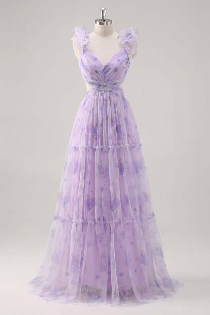 Lavender Flower Pleated Cut Out A Line Long Bridesmaid Dress