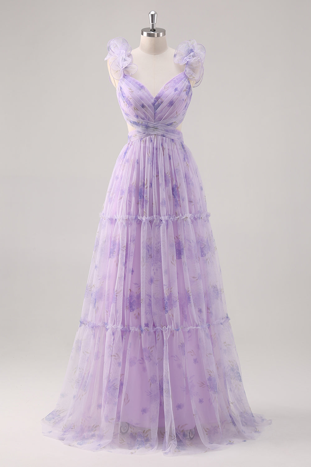 Leely Women Lavender Floral A Line Bridesmaid Dress Cut Out Ruffled Floor Length Wedding Guest Dress