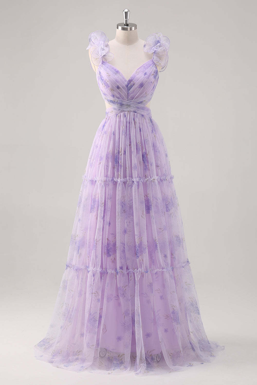 Leely Women Lavender Floral A Line Bridesmaid Dress Cut Out Ruffled Floor Length Wedding Guest Dress