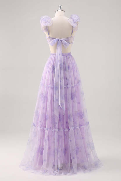 Lavender Flower Pleated Cut Out A Line Long Bridesmaid Dress