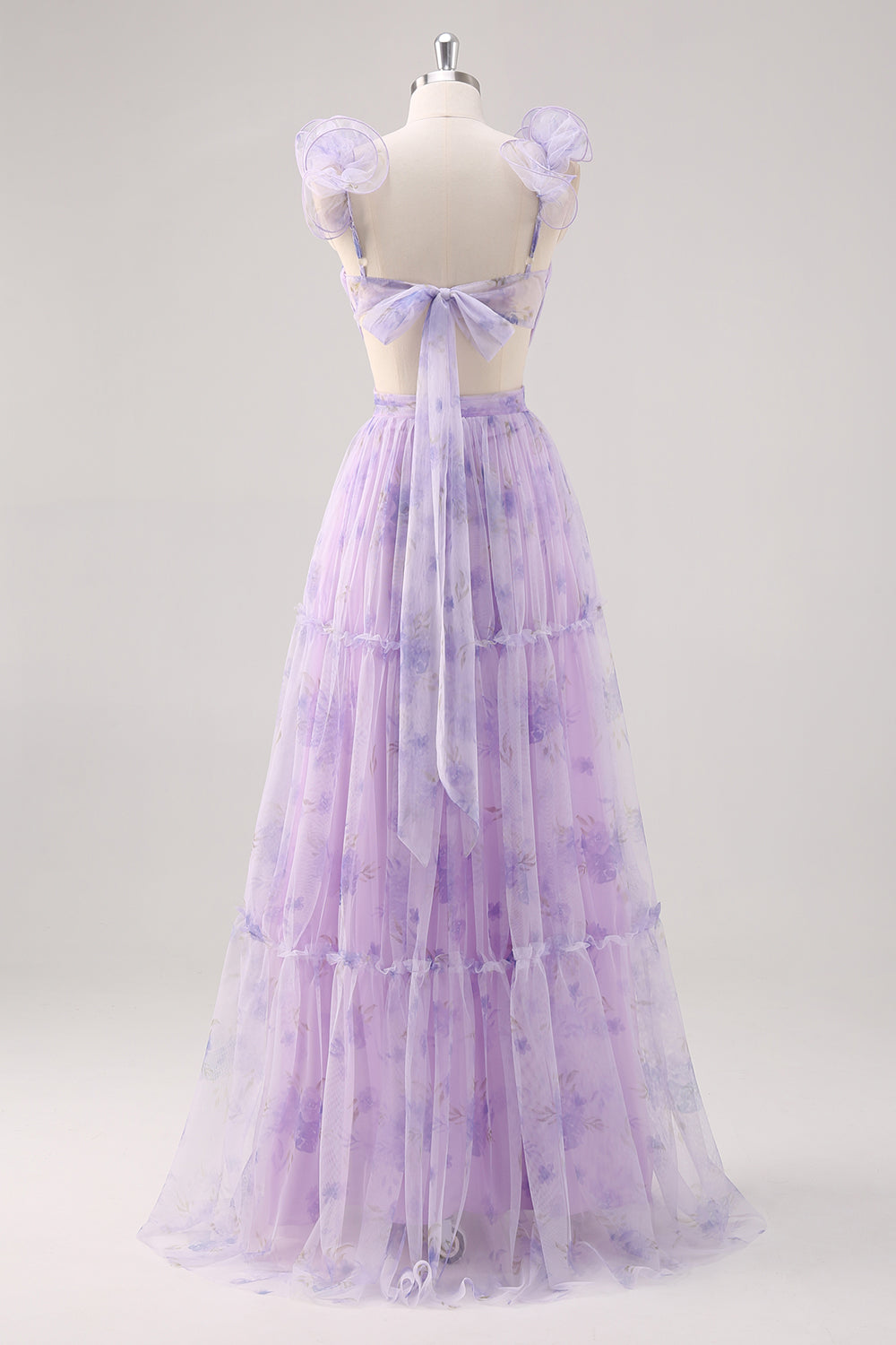 Lavender Cut Out Floral A Line Floor Length Bridesmaid Dress