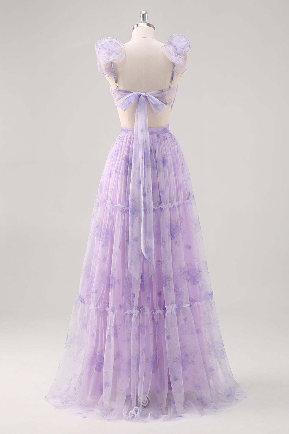 Lavender Cut Out Floral A Line Floor Length Bridesmaid Dress