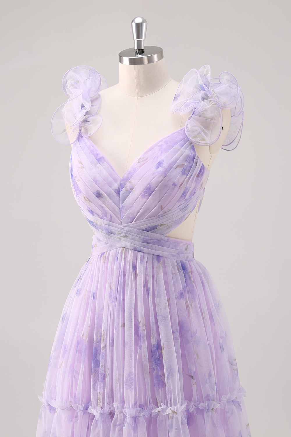 Lavender Cut Out Floral A Line Floor Length Bridesmaid Dress