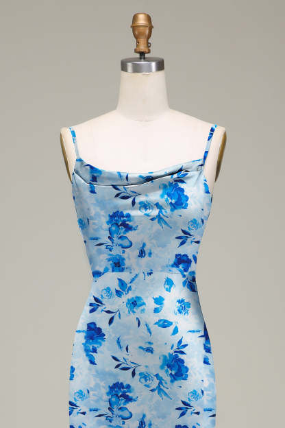 Green Flower Cowl Neck Sheath Satin Floral Bridesmaid Dress