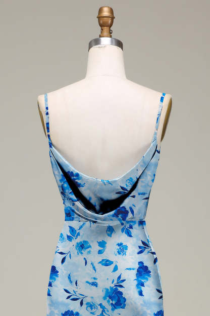 Green Flower Cowl Neck Sheath Satin Floral Bridesmaid Dress