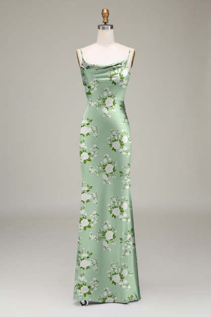 Leely Women Green Flower Sheath Satin Floral Bridesmaid Dress Cowl Neck Spaghetti Straps Backless Maxi Wedding Guest Dress