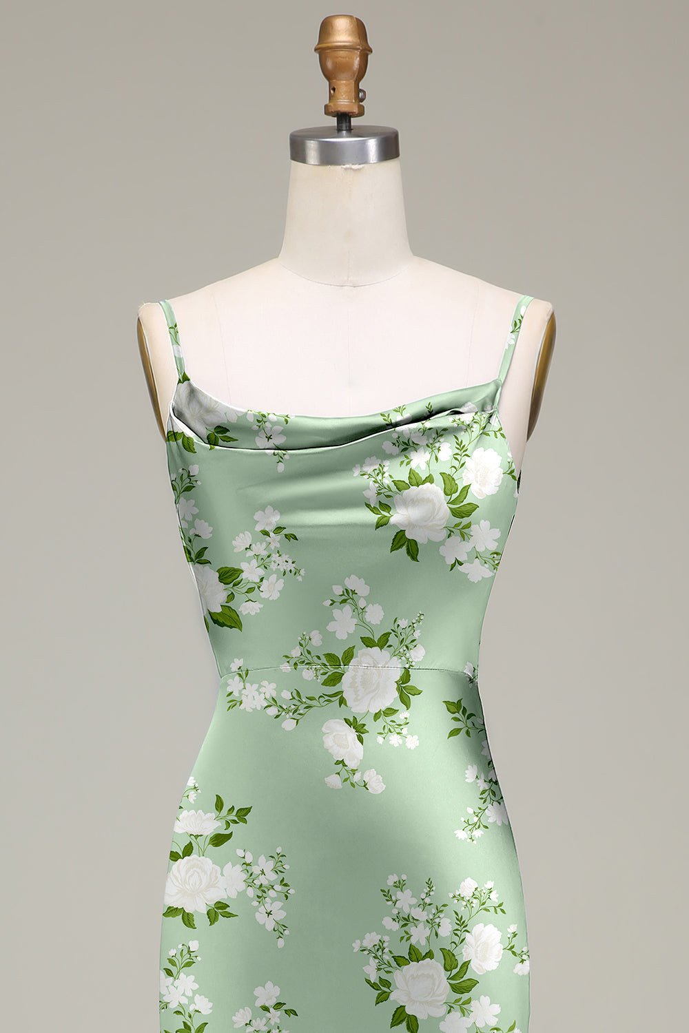 Green Flower Cowl Neck Sheath Satin Floral Bridesmaid Dress