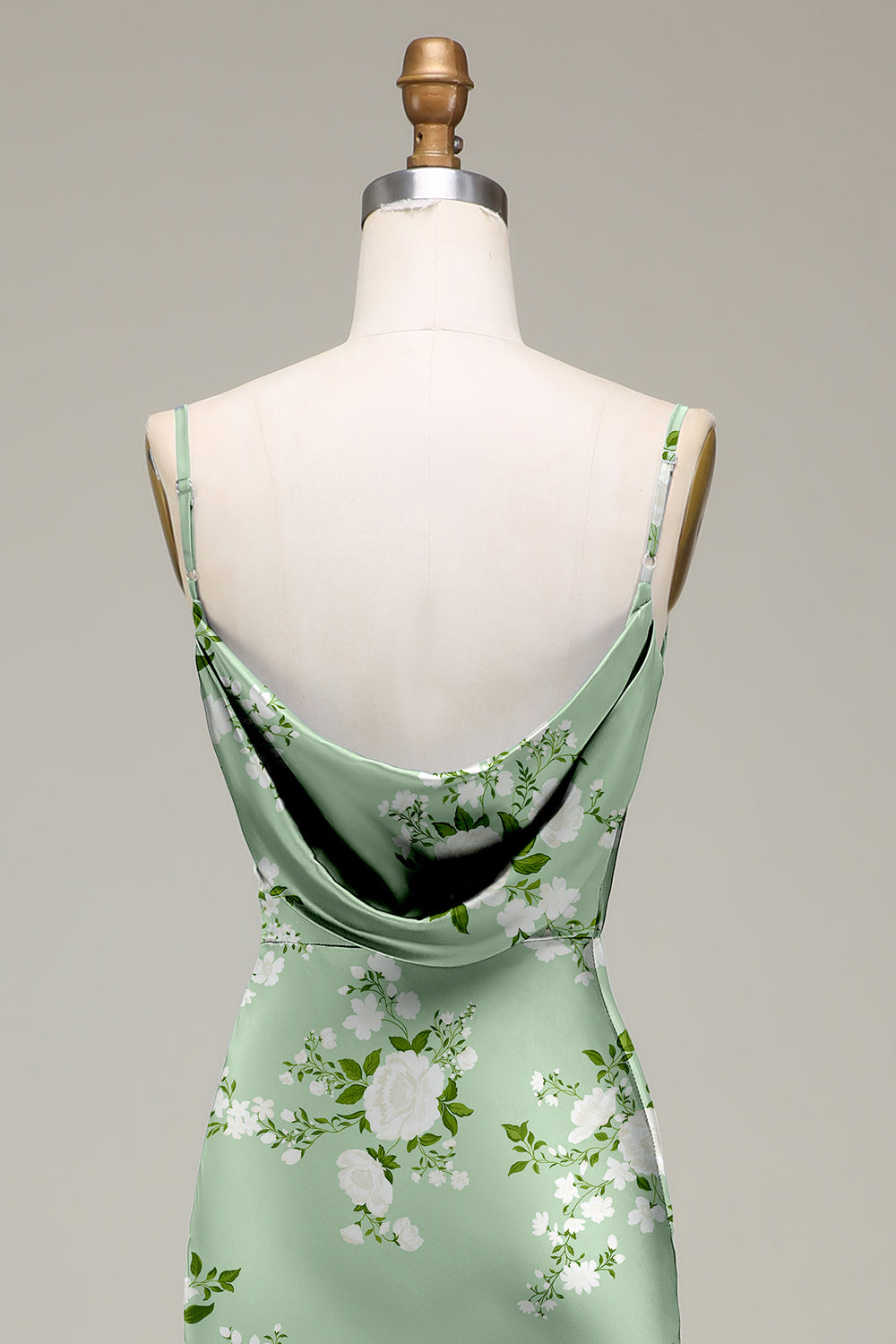 Green Flower Cowl Neck Sheath Satin Floral Bridesmaid Dress