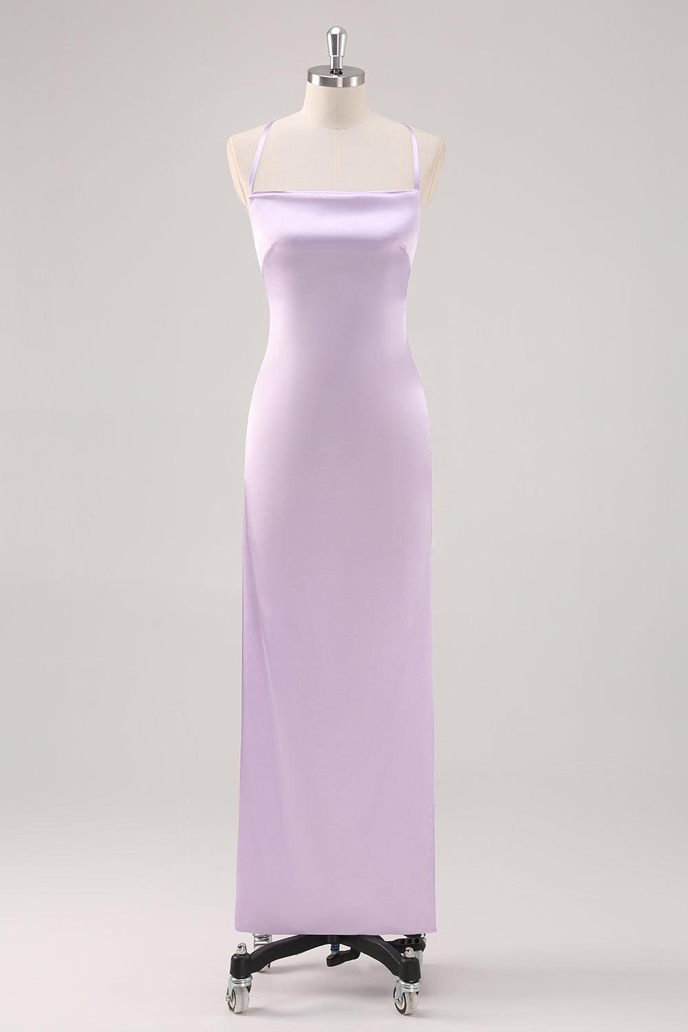 Leely Women Lilac Spaghetti Straps Sheath Bridesmaid Dress Long Satin Criss Cross Back Wedding Guest Dress