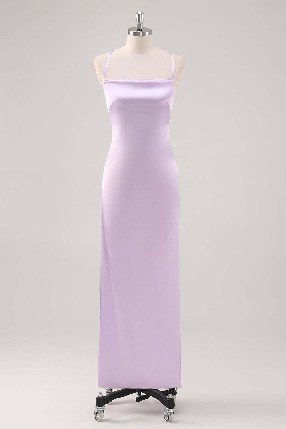 Leely Women Lilac Spaghetti Straps Sheath Bridesmaid Dress Long Satin Criss Cross Back Wedding Guest Dress
