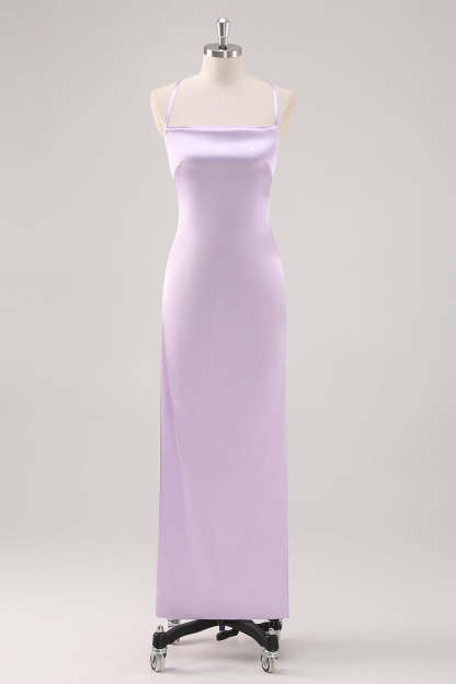 Leely Women Lilac Spaghetti Straps Sheath Bridesmaid Dress Long Satin Criss Cross Back Wedding Guest Dress
