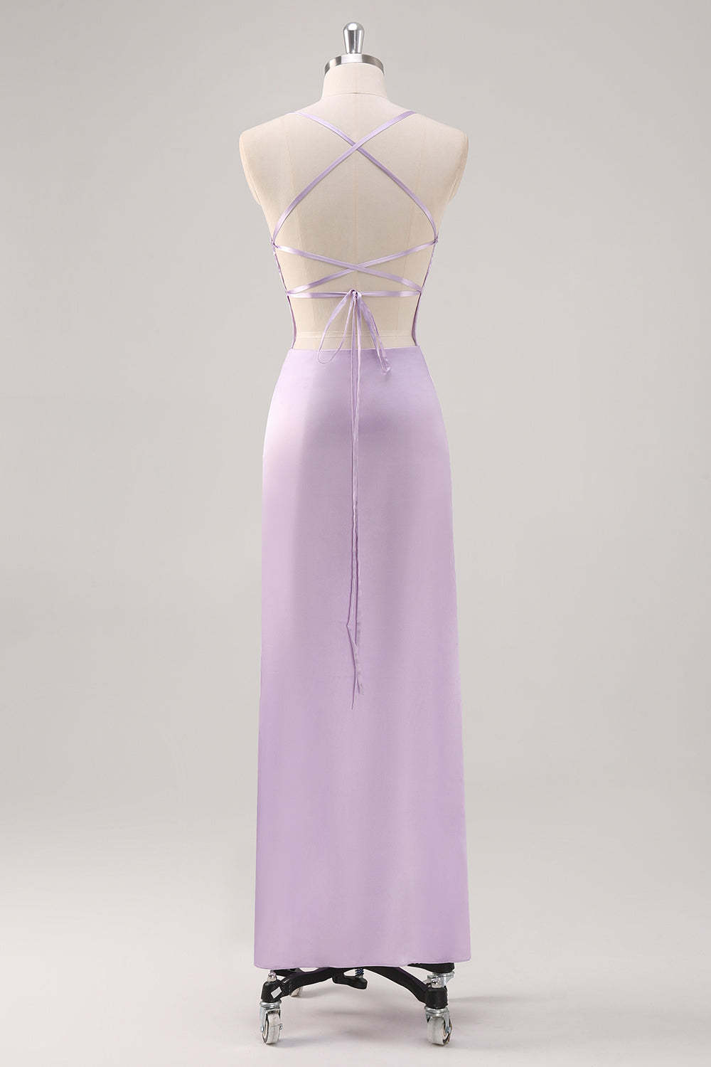 Lilac Spaghetti Straps Sheath Bridesmaid Dress with Criss Cross Back