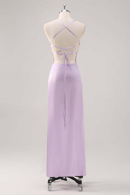 Lilac Spaghetti Straps Sheath Bridesmaid Dress with Criss Cross Back