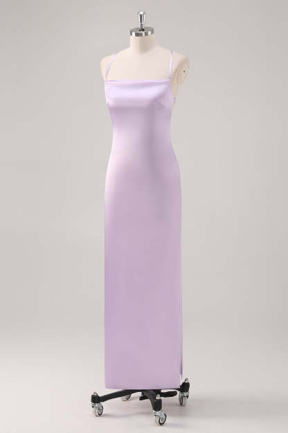 Lilac Spaghetti Straps Sheath Bridesmaid Dress with Criss Cross Back