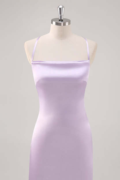 Lilac Spaghetti Straps Sheath Bridesmaid Dress with Criss Cross Back