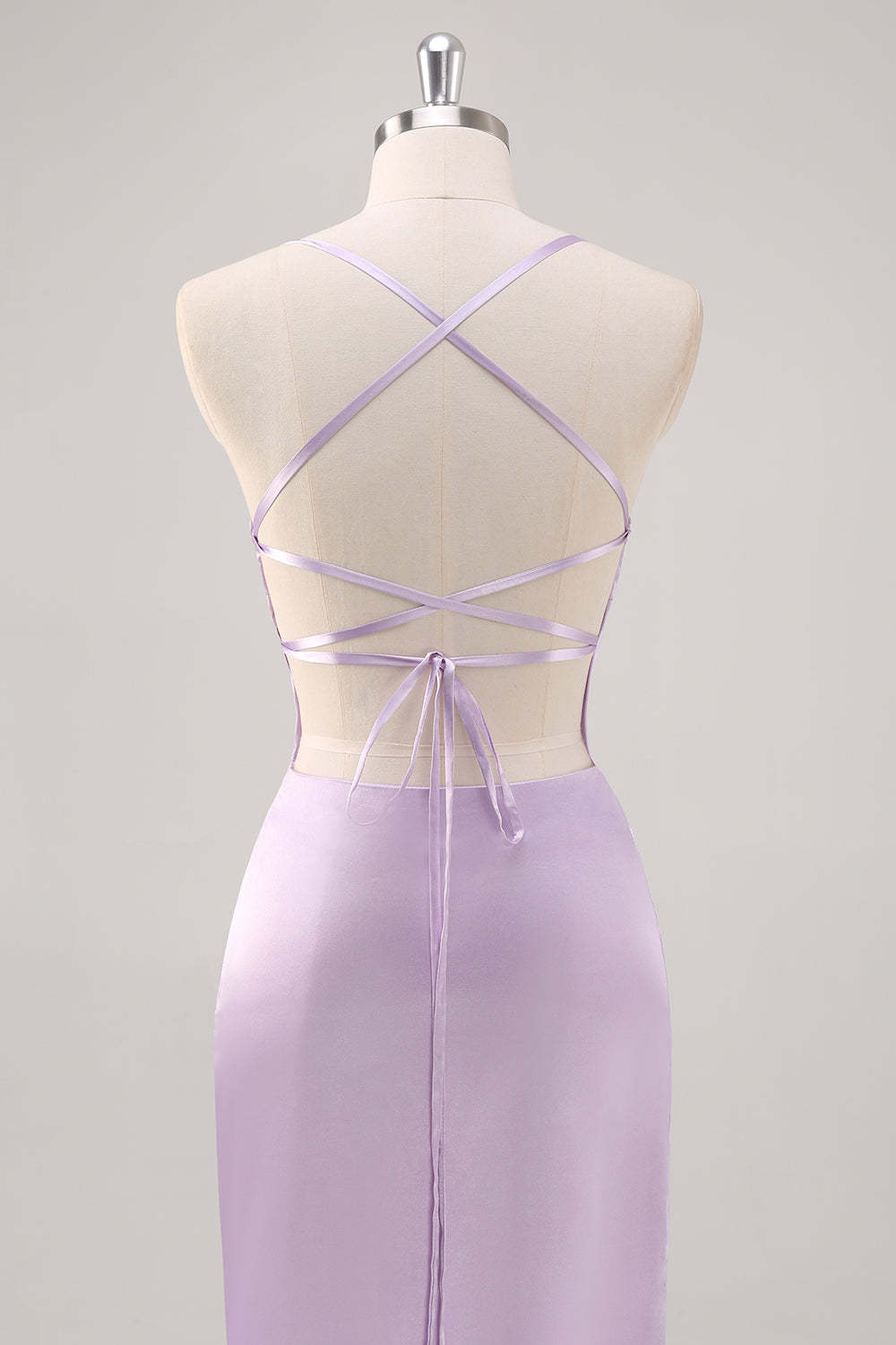 Lilac Spaghetti Straps Sheath Bridesmaid Dress with Criss Cross Back