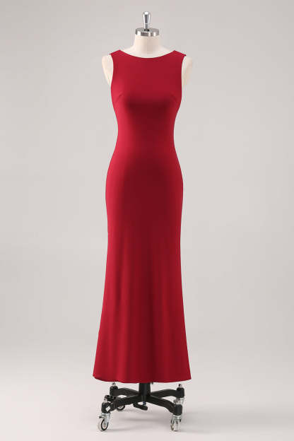 Leely Women Elegant Burgundy Mermaid Scoop Neck Bridesmaid Dress Sleeveless Tea Length Wedding Guest Dress