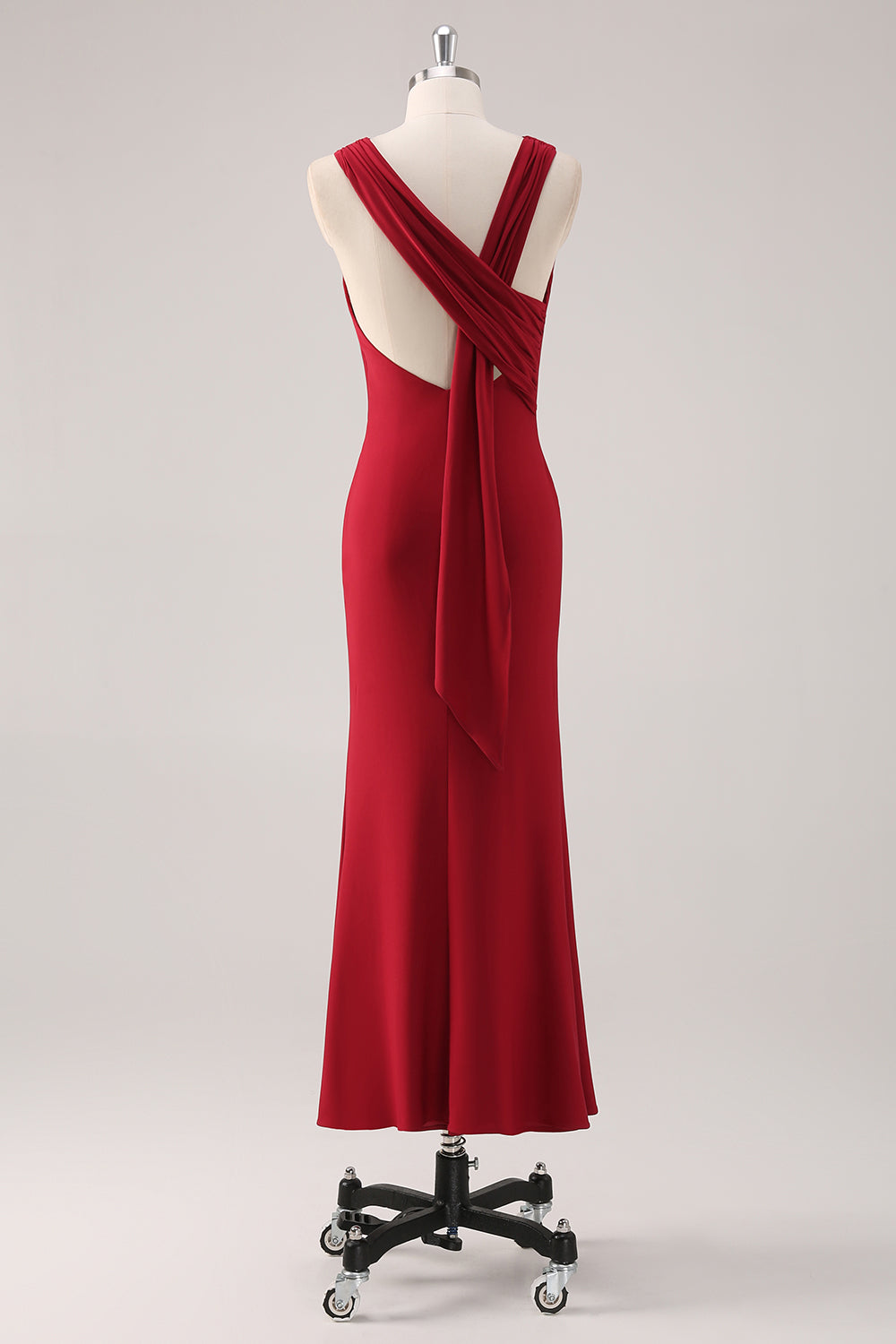 Elegant Burgundy Mermaid Scoop Neck Tea Length Bridesmaid Dress