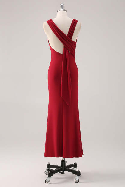 Elegant Burgundy Mermaid Scoop Neck Tea Length Bridesmaid Dress