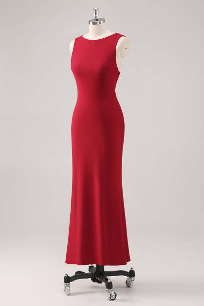 Elegant Burgundy Mermaid Scoop Neck Tea Length Bridesmaid Dress