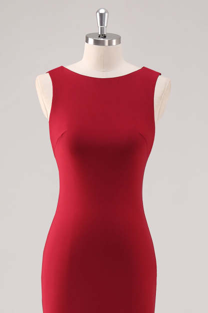 Elegant Burgundy Mermaid Scoop Neck Tea Length Bridesmaid Dress
