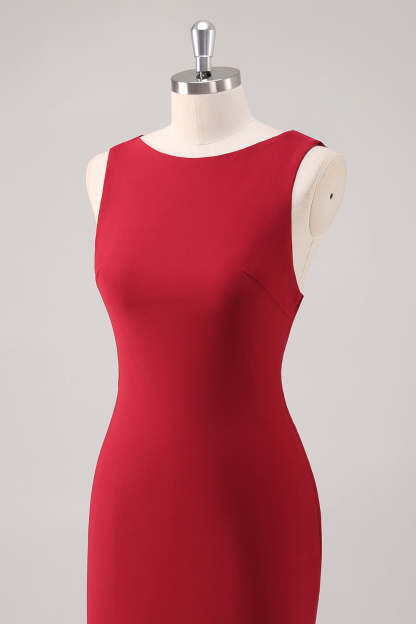 Elegant Burgundy Mermaid Scoop Neck Tea Length Bridesmaid Dress