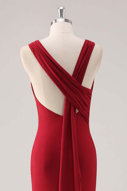 Elegant Burgundy Mermaid Scoop Neck Tea Length Bridesmaid Dress