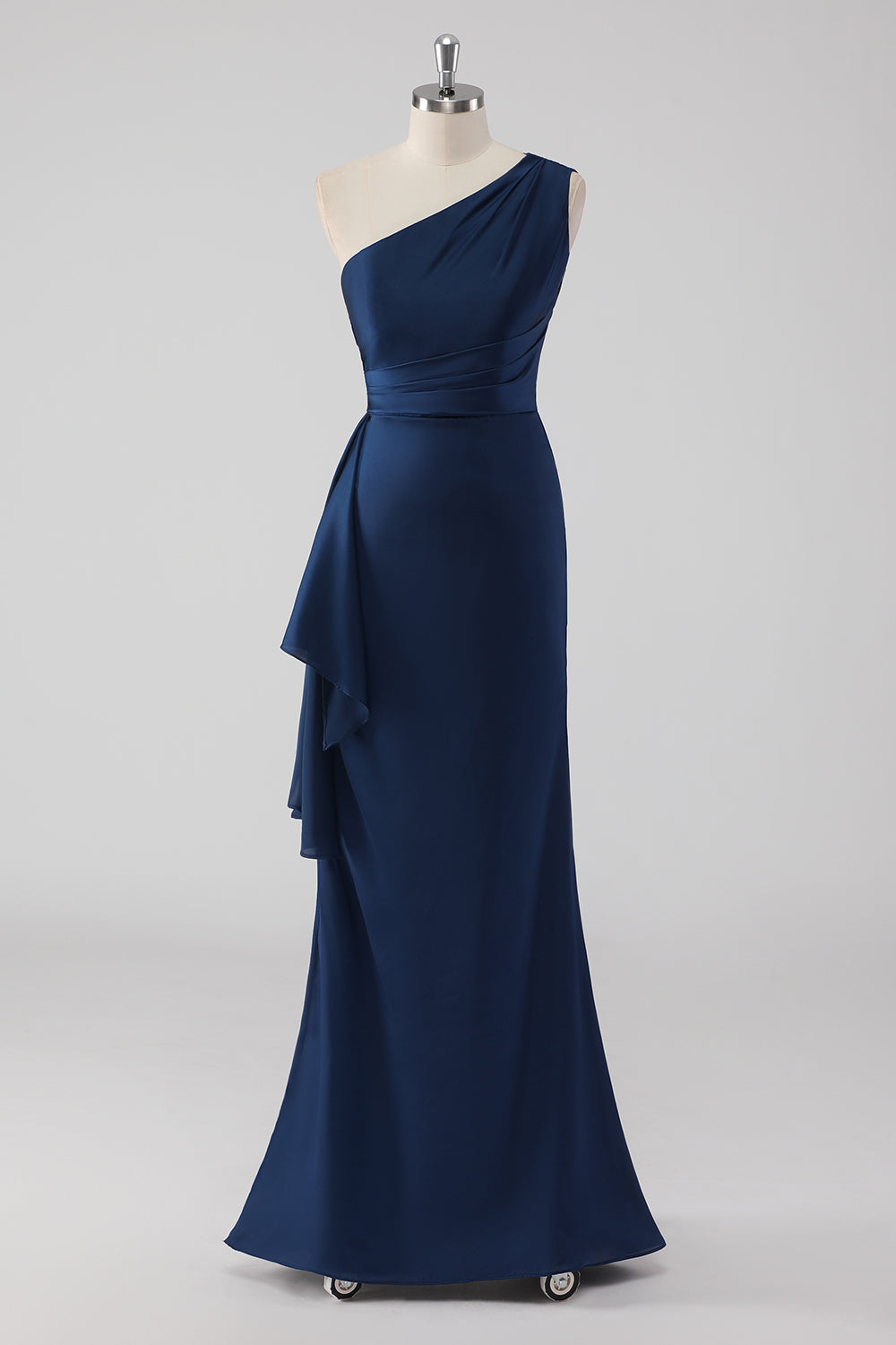 One Shoulder Mermaid Navy Maxi Bridesmaid Dress with Ruffles