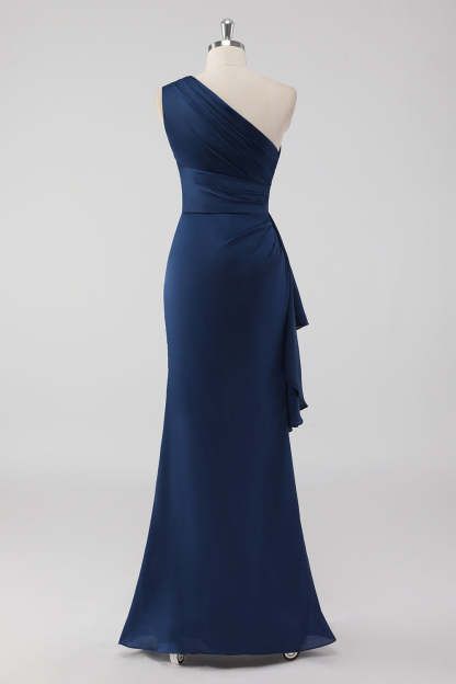 One Shoulder Mermaid Navy Maxi Bridesmaid Dress with Ruffles