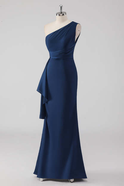 One Shoulder Mermaid Navy Maxi Bridesmaid Dress with Ruffles