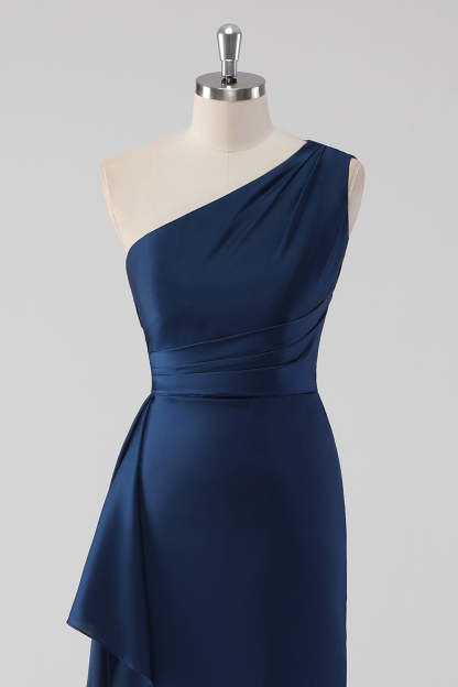 One Shoulder Mermaid Navy Maxi Bridesmaid Dress with Ruffles