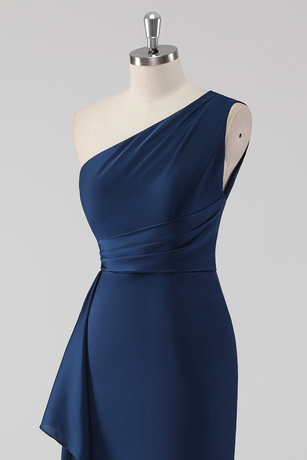 One Shoulder Mermaid Navy Maxi Bridesmaid Dress with Ruffles
