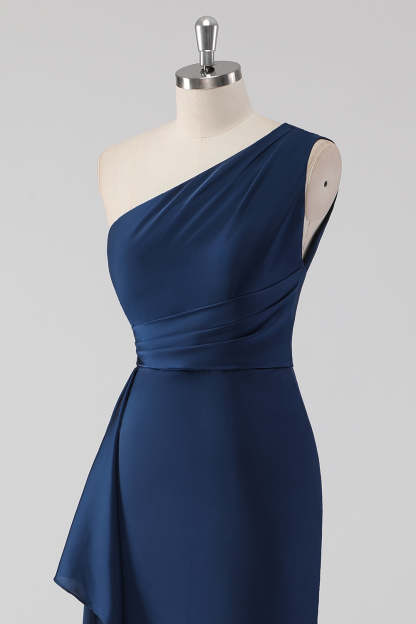 One Shoulder Mermaid Navy Maxi Bridesmaid Dress with Ruffles