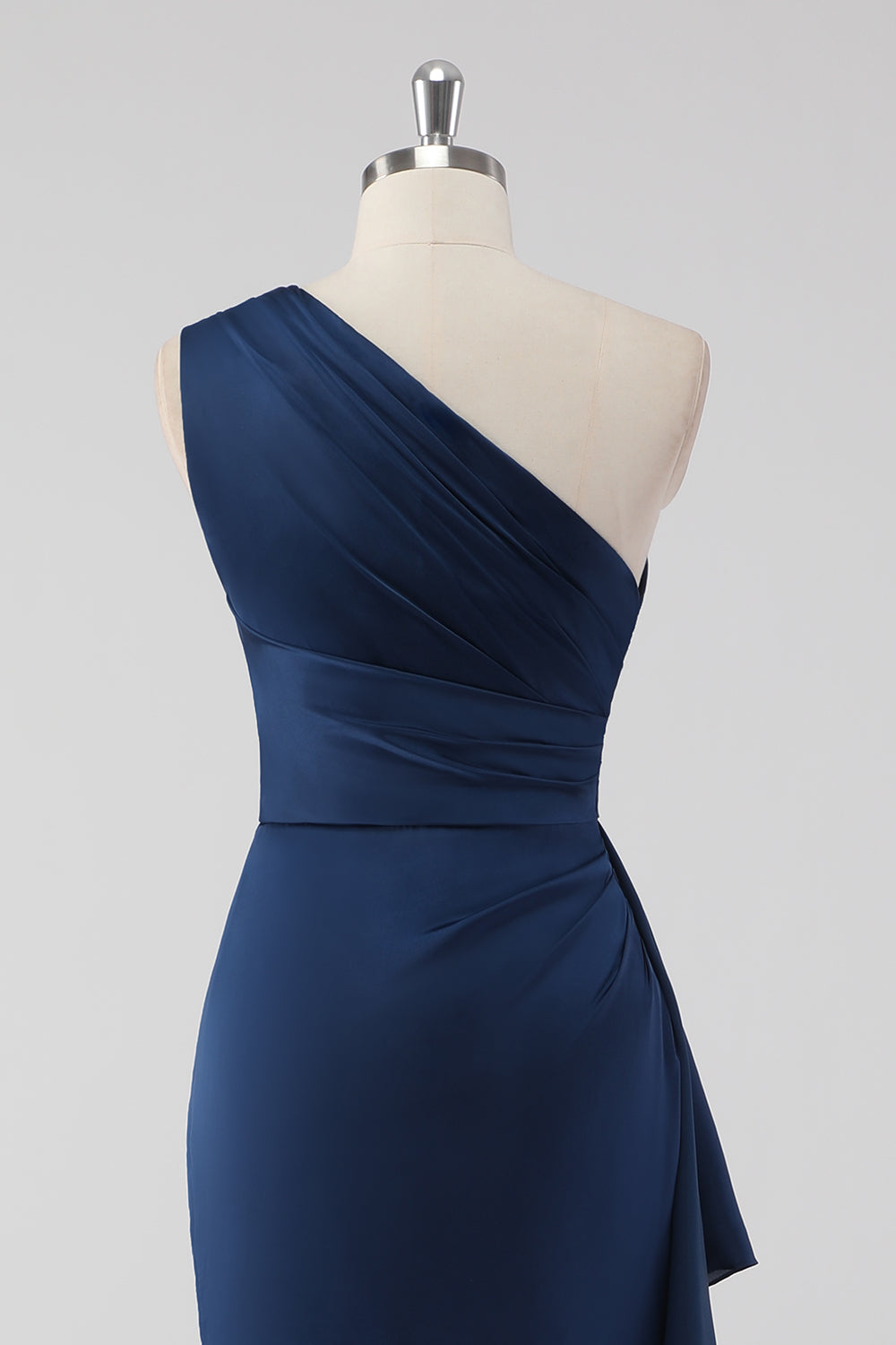 One Shoulder Mermaid Navy Maxi Bridesmaid Dress with Ruffles