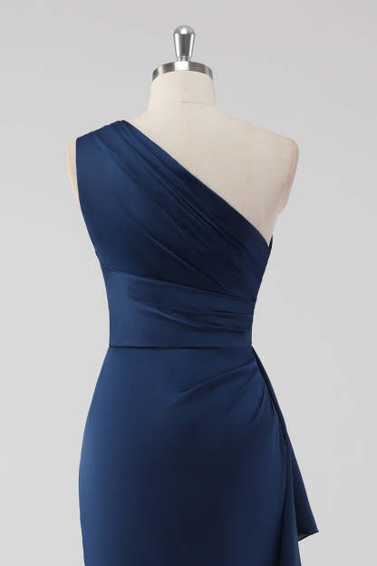 One Shoulder Mermaid Navy Maxi Bridesmaid Dress with Ruffles